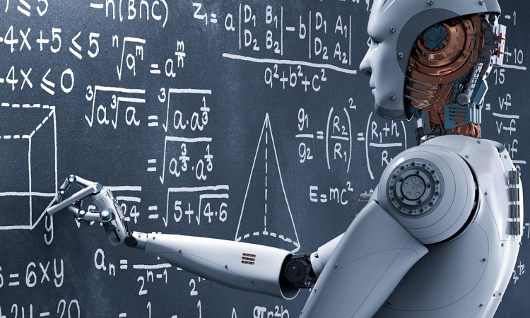 A robot writing complex formulas on a blackboard.