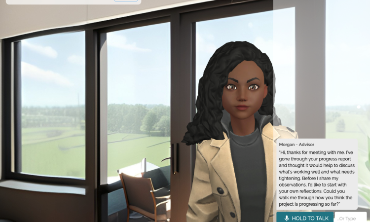 A virtual reality simulation shows an animated advisor character standing in a modern office with large windows overlooking a green outdoor landscape, accompanied by an on‑screen dialogue box prompting the user to respond in the scenario.