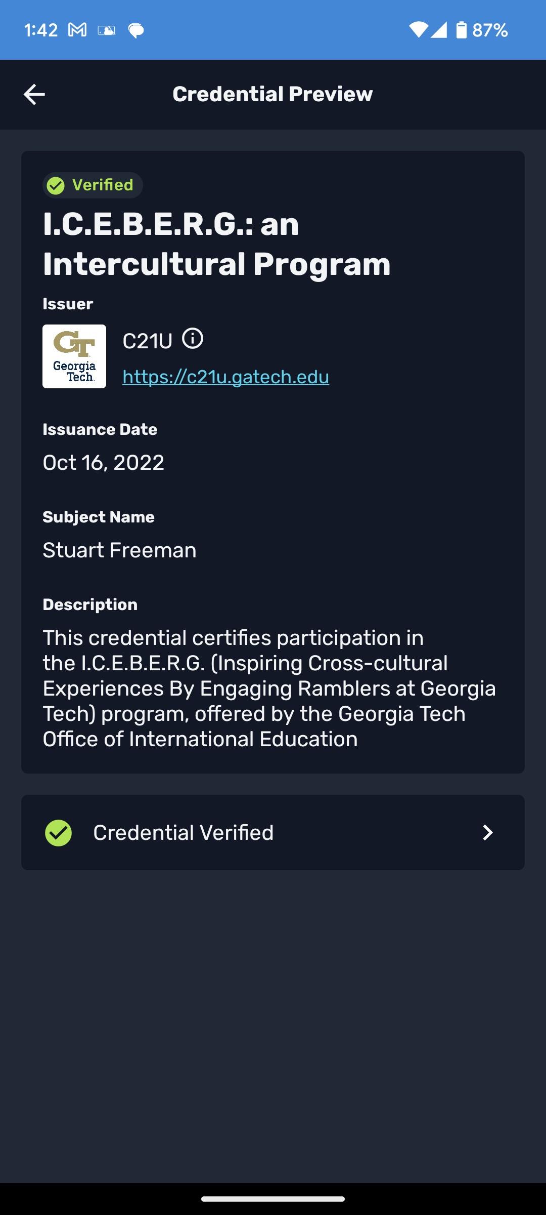 Example credential for the ICEBERG Program at GT, screenshot