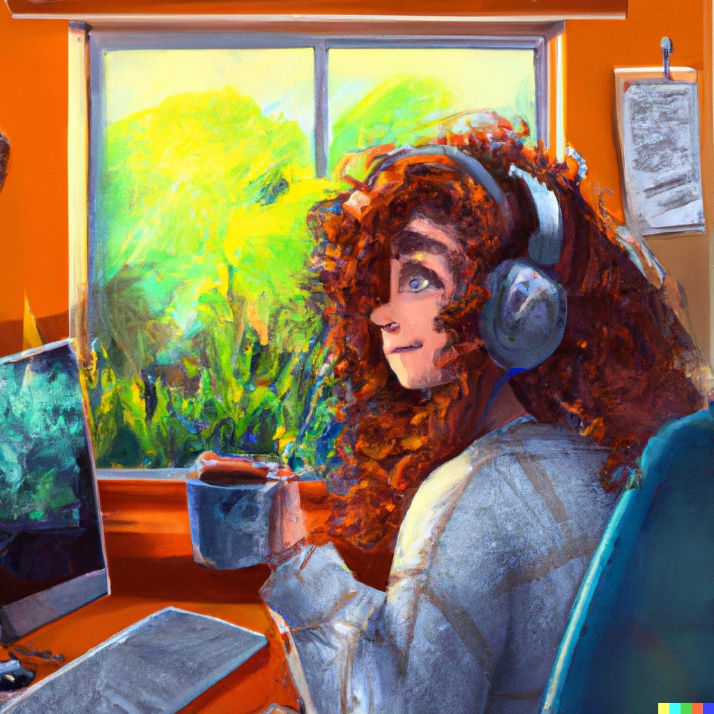 A woman holding coffee looking at her computer, artwork