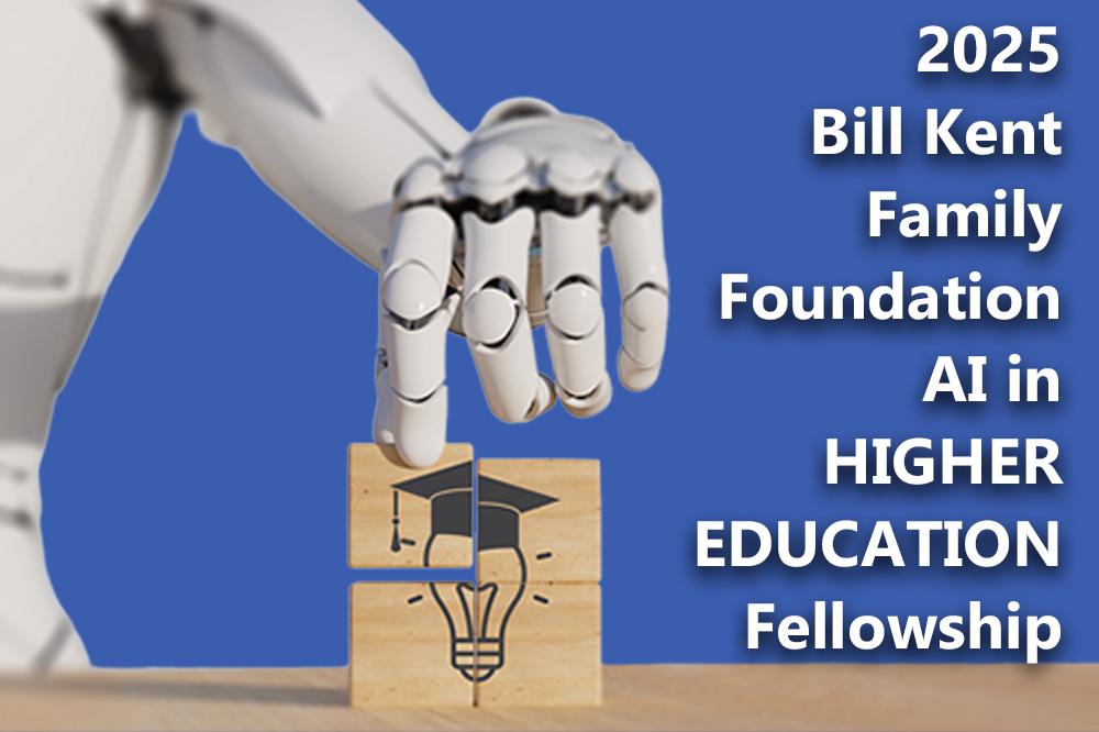 A humanoid hand holding a wooden block with a light bulb with a graduation cap on.
