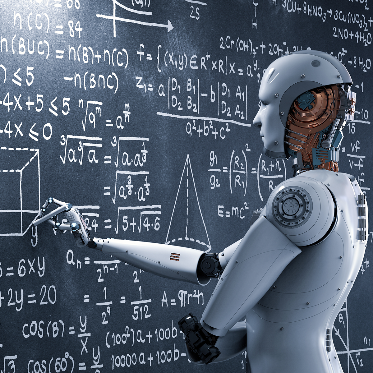 A robot writing complex formulas on a blackboard.