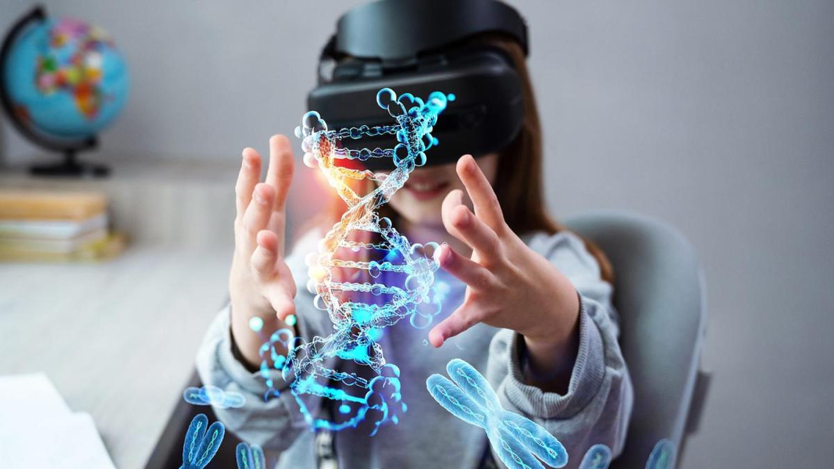 A child wearing VR glasses tries to touch a VR DNA graphic.