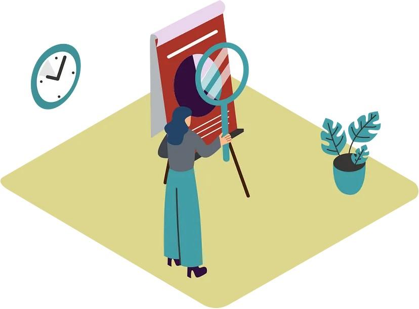 A graphic of a woman holding a big magnifying glass in front of a big graphic.